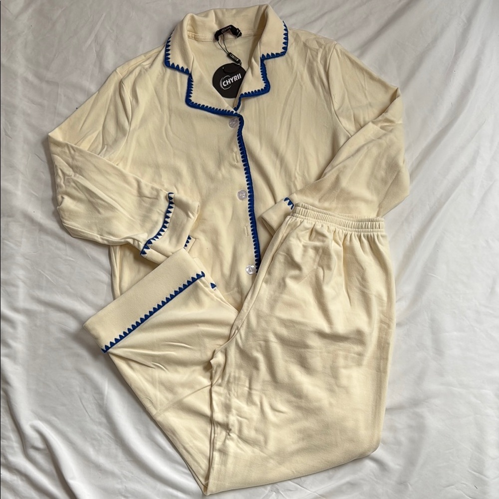 Cream Pajamas with Blue Trim